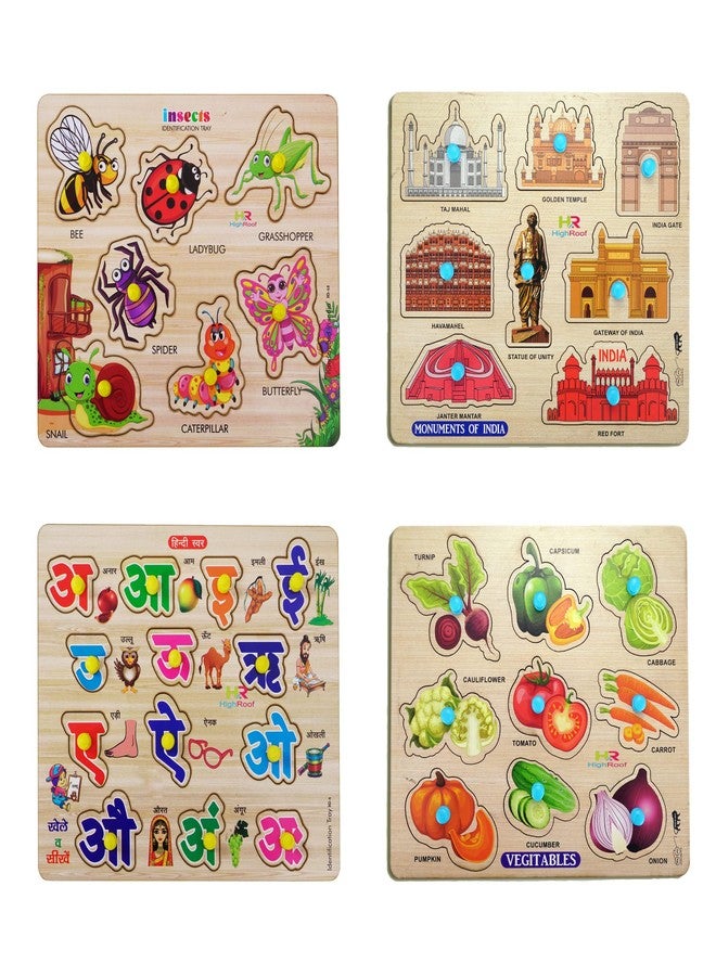 HIGHROOF® Kids Fort Pre Nursery Educational Jigsaw Puzzles for Adults Kids Learning Toys Kit Board Game 4 pcs Set of Insects Monuments of India Hindi Letters & Shapes & Colours Educational Toy - Image 1